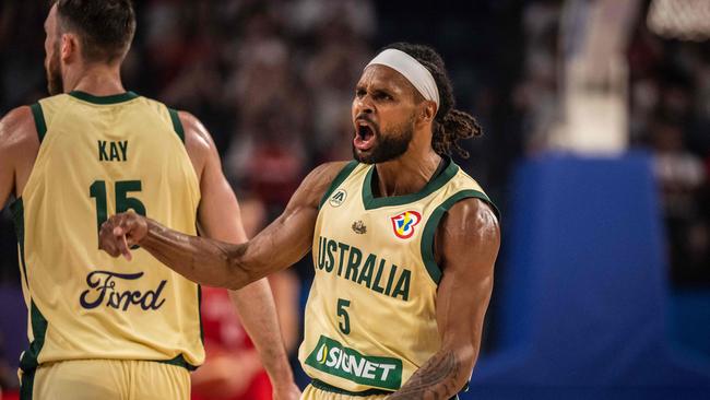 Australia's Patty Mills reacts after scoring during the FIBA Basketball World Cup group E match between Australia and Germany at Okinawa Arena in Okinawa on August 27, 2023. (Photo by Yuichi YAMAZAKI / AFP)