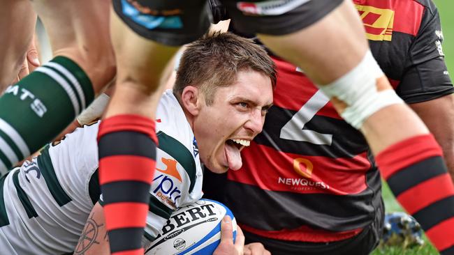 Luke Holmes goes over to score for Warringah in the semi-final against Northern Suburbs at North Sydney Oval on Sunday. Picture: Troy Snook