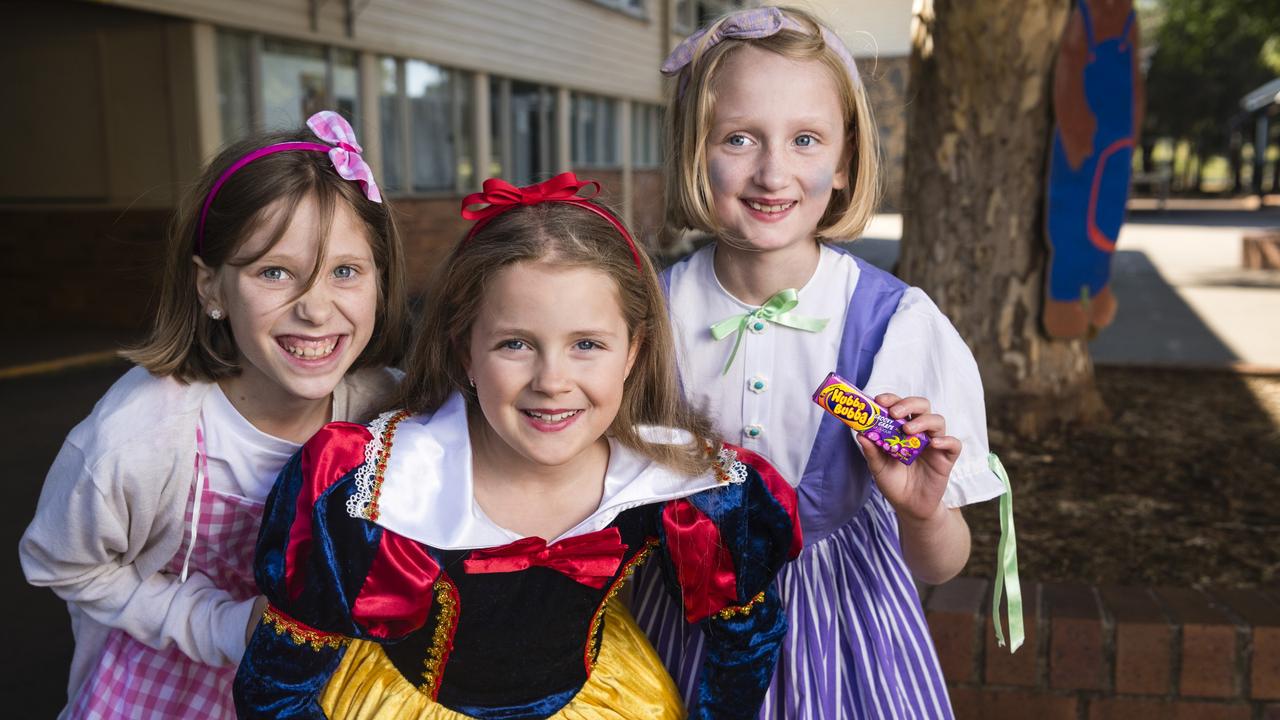 In character for Book Week are (from left) Jasmine Bayliss, Piper Davies and Isla Dwyer at Rangeville State School. Picture: Kevin Farmer