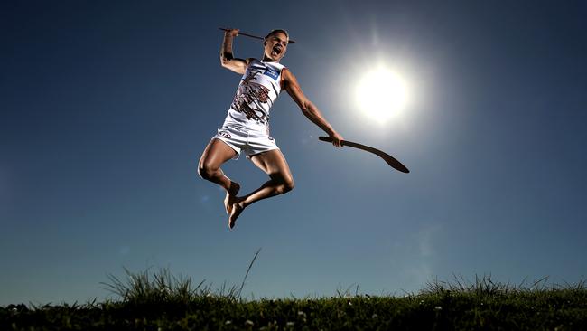 Hill shows off the Giants Indigenous jumper for the AFL Sir Doug Nicholls round. Picture: Phil Hillyard/AFL Photos