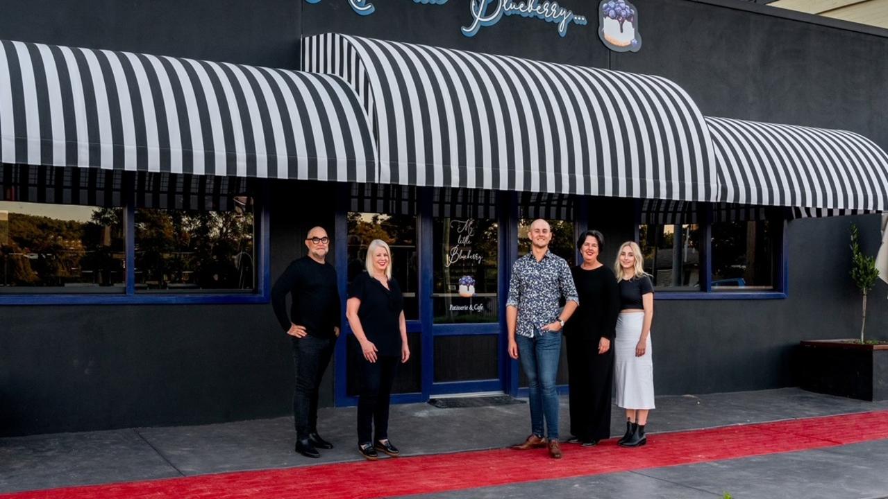 Larry Hinds, Kara Glen-Smith, Oliver Hinds, Amanda Hinds and Sabine Hinds outside My Little Blueberry bakery and patisserie in Crows Nest.