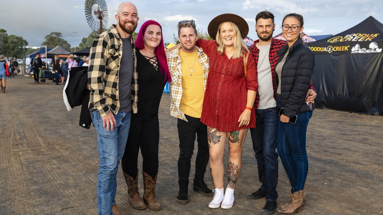 At Meatstock are (from left) Craig Meston, Zaneisha Shedden, Andrew Wilkinson, Jordyn Cartmill, Sam Harmer and Chelsea Clark at Toowoomba Showgrounds, Friday, April 8, 2022. Picture: Kevin Farmer