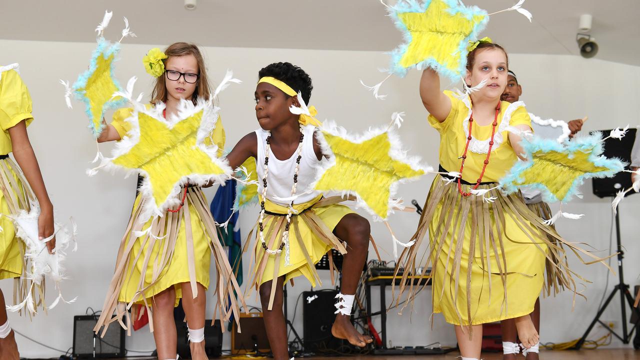 Weir State School Wakakirri, Taylar Kay, 12, Braxton Oth, 10, and Harper Robson, 10, at the announcement of the launch of Townsville University Hospital's equity strategy. Picture: Shae Beplate.