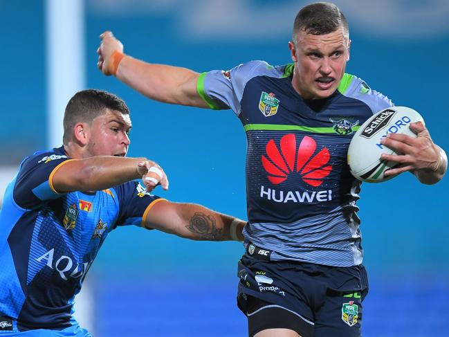 Jack Wighton of the Raiders breaks away from the defence to score a try during the Round 6 NRL match between the Gold Coast Titans and the Canberra Raiders at Cbus Super Stadium in Robina on the Gold Coast, Saturday, April 8, 2017. (AAP Image/Albert Perez) NO ARCHIVING, EDITORIAL USE ONLY