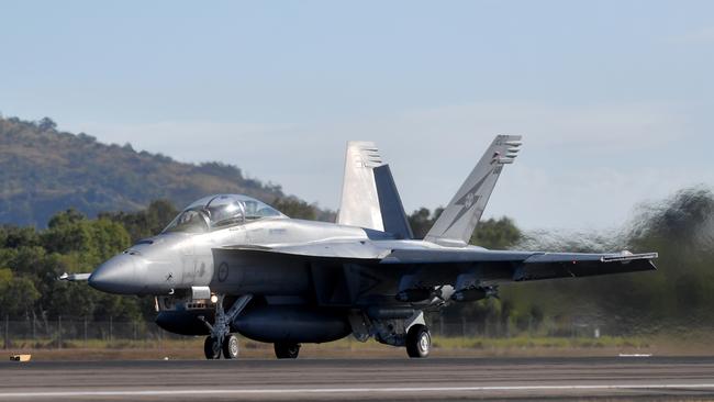 RAAF pilots and weapon system officers takes off from RAAF Base Townsville in F/A-18F Super Hornets during Exercise Crimson Dawn. Picture: Evan Morgan