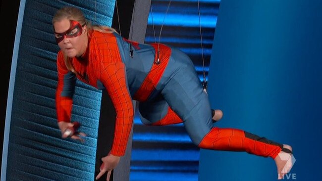 Amy Schumer was lowed on stage dressed as Spider-Man in one hilarious segment.