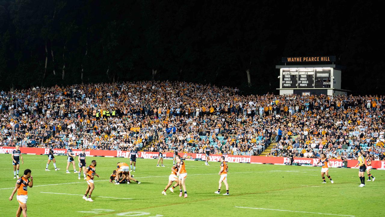 Thousands of football fans flock to Leichhardt Oval to watch the West Tigers play to Cronulla Sharks. Photo: Tom Parrish