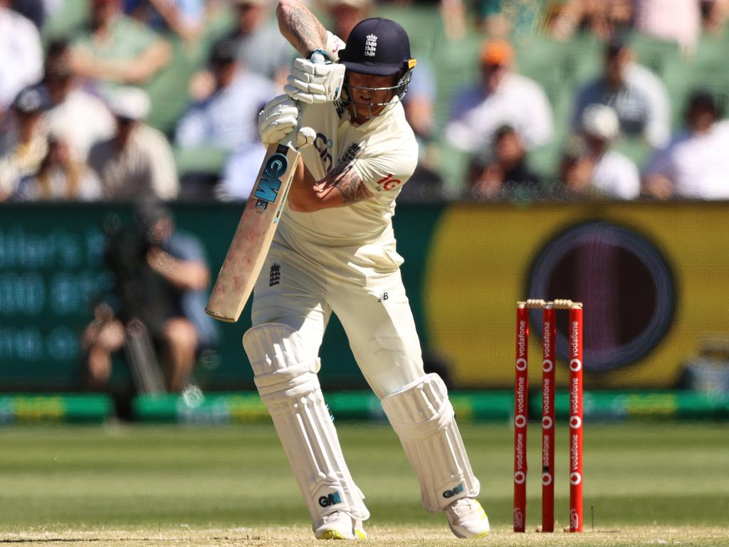Ben Stokes drives straight during day three of the third Test, though it was a short-lived stand in a dismal defeat for England. Picture: Robert Cianflone/Getty Images