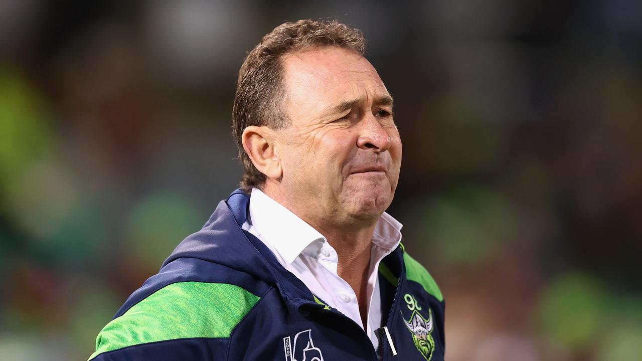 CANBERRA, AUSTRALIA - AUGUST 06: Raiders coach Ricky Stuart watches on from the bench during the round 23 NRL match between Canberra Raiders and Wests Tigers at GIO Stadium on August 06, 2023 in Canberra, Australia. (Photo by Mark Nolan/Getty Images)