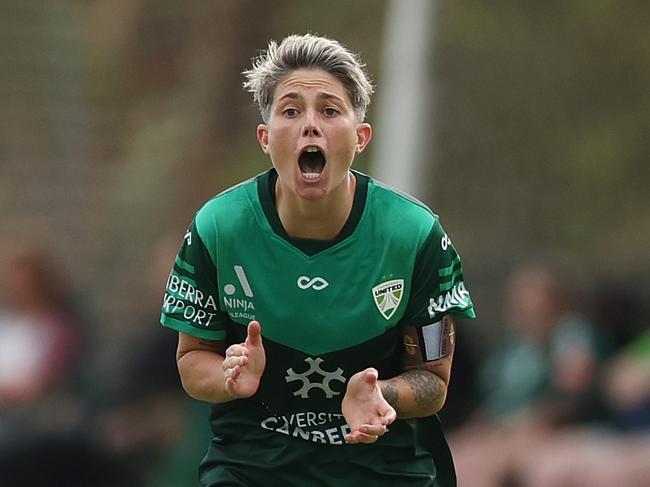 CANBERRA, AUSTRALIA - FEBRUARY 08: Michelle Heyman of Canberra United celebrates scoring a goal during the round 15 A-League Women's match between Canberra United and Central Coast Mariners at McKellar Park, on February 08, 2025, in Canberra, Australia. (Photo by Mark Metcalfe/Getty Images)