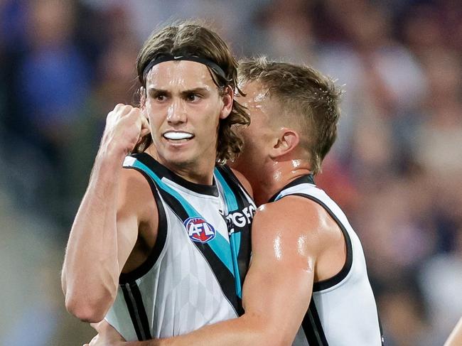 BRISBANE, AUSTRALIA - SEPTEMBER 09: Ollie Lord of the Power celebrates a goal during the 2023 AFL Second Qualifying Final match between the Brisbane Lions and the Port Adelaide Power at The Gabba on September 09, 2023 in Brisbane, Australia. (Photo by Russell Freeman/AFL Photos via Getty Images)