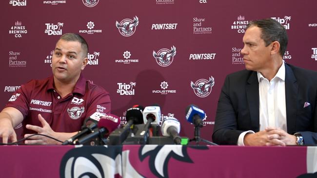 SYDNEY, AUSTRALIA -  NOVEMBER 29, 2022: Newly appointed Manly Sea Eagle Coach Anthony Seibold and CEO Tony Mestrov. at Brookvale Oval.Picture: Jeremy Piper