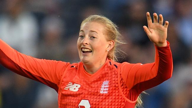 BRISTOL, ENGLAND - JULY 31: Sophie Ecclestone of England celebrates after taking the wicket of Meg Lanning of Australia during the 3rd Vitality Women's IT20 match between England and Australia at The County Ground on July 31, 2019 in Bristol, England. (Photo by Harry Trump/Getty Images)