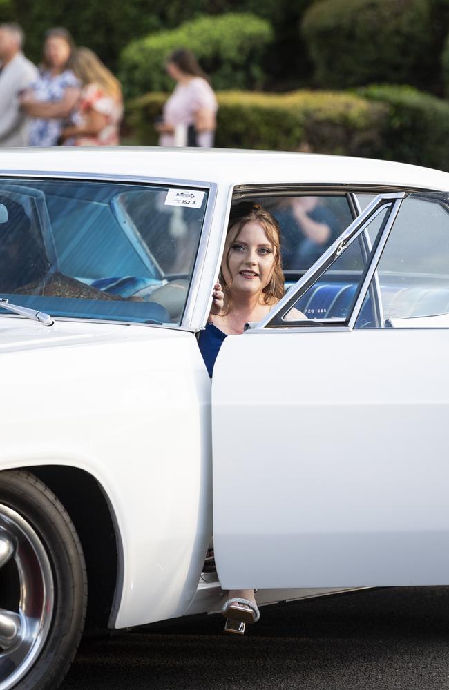 Rachel Williams arrives at Mary MacKillop Catholic College formal at Highfields Cultural Centre, Thursday, November 14, 2024. Picture: Kevin Farmer