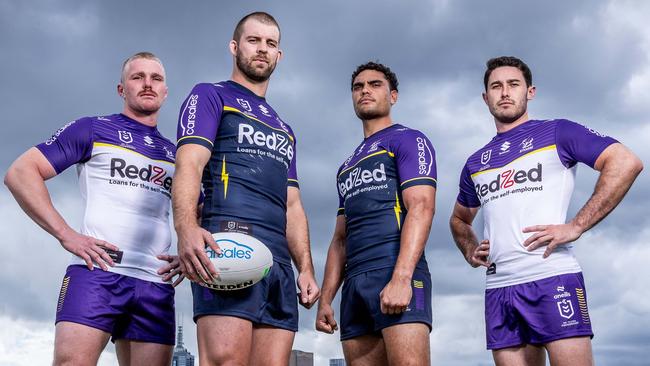 Christian Welch (second from left), surrounded by Storm teammates Josh King, Xavier Coates and Nick Meaney. Picture: Jake Nowakowski