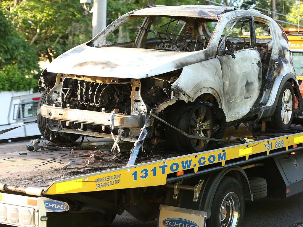 The burnt out car is removed that Rowan Baxter killed his three children is towed away. Picture: Lyndon Mechielsen/The Australian