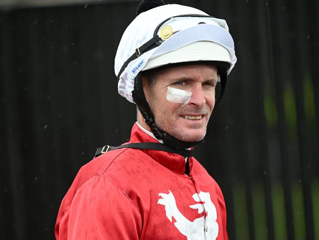 MELBOURNE, AUSTRALIA - NOVEMBER 30: Luke Nolen who was injured last night is seen with a bandaged face during Melbourne Racing at Caulfield Racecourse on November 30, 2024 in Melbourne, Australia. (Photo by Vince Caligiuri/Getty Images)