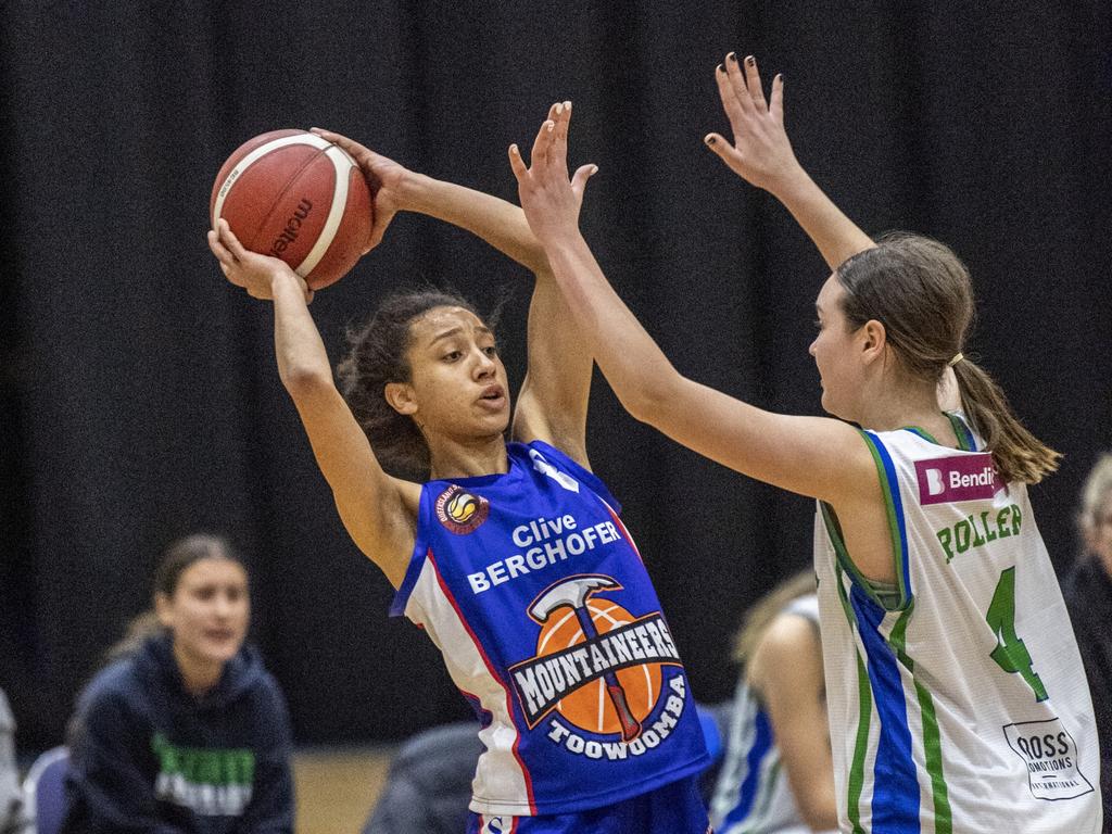 Jorga Bolton, Mountaineers. QSL basketball, Mountaineers vs Gold Coast Rollers. Friday, June 18, 2021. Picture: Nev Madsen.