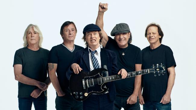 AC/DC’s Power Up era line-up: Cliff Williams, Phil Rudd, Angus Young, Brian Johnson and Stevie Young. Picture: Josh Cheuse