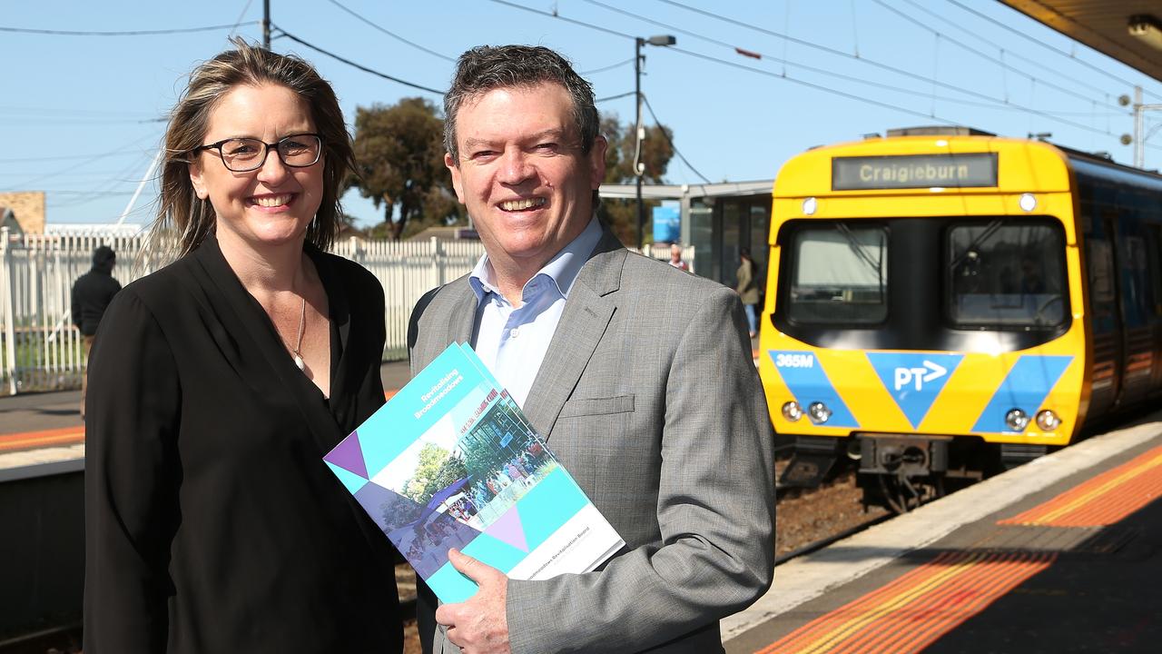 Frank McGuire with now-deputy Premier Jacinta Allan at Broadmeadows Station in 2018. Picture: Hamish Blair