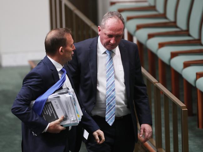 Tony Abbott and Barnaby Joyce leave together after Question Time in the House of Representatives Chamber at Parliament House in Canberra. Picture Kym Smith