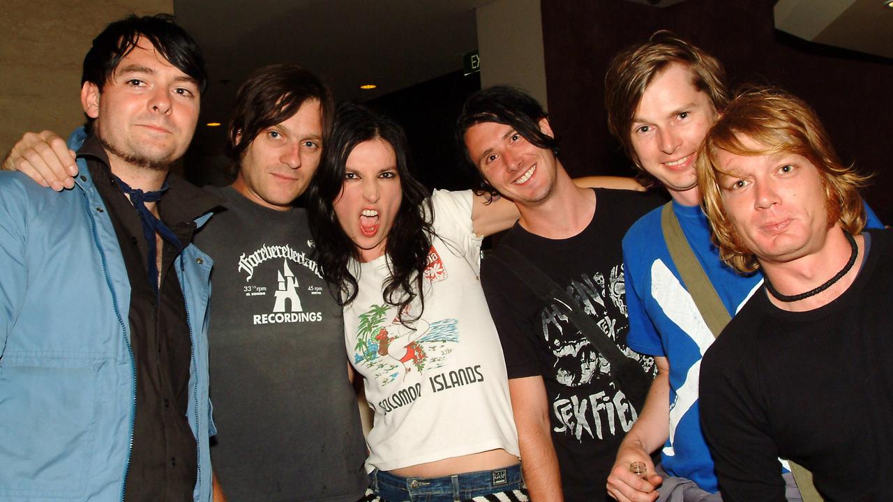 Musician Owen Eszeki with Deab Turner, Adalita, Ben Macklin, Peter Gravestock and Adam Robertson at a Big Day Out after party at Sugar, Feb 2006.