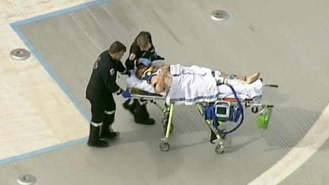 Mokbel on a stretcher after being attacked at Barwon Prison. Picture: Supplied