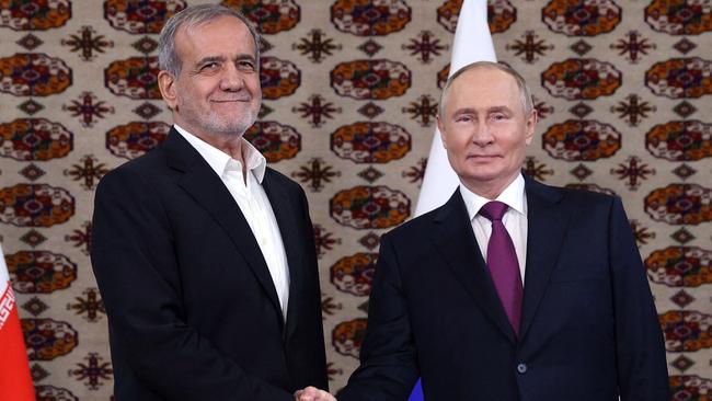 Russia's President Vladimir Putin with Iran's President Masoud Pezeshkian who is consistent in speaking of better relations with Gulf neighbours and the West. Picture: AFP.