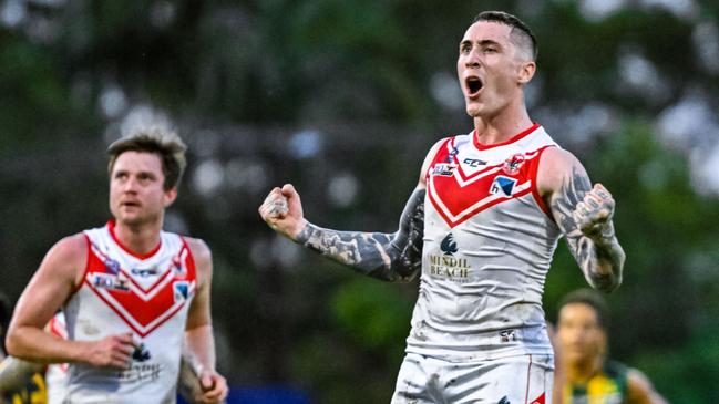 Darcy Hope celebrates a goal for Waratah against PINT in Round 9 of the 2022-23 NTFL season. Picture: Patch Clapp / AFLNT Media