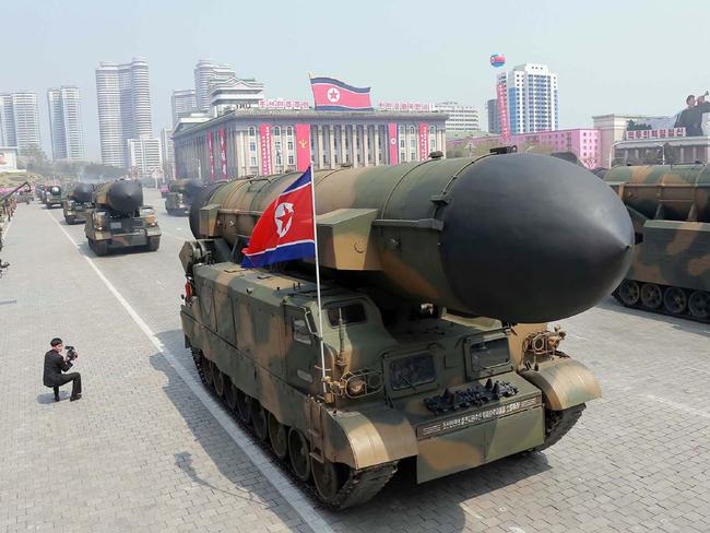 Korea's ballistic missiles are displayed through Kim Il-Sung square during a military parade in Pyongyang. Picture: AFP