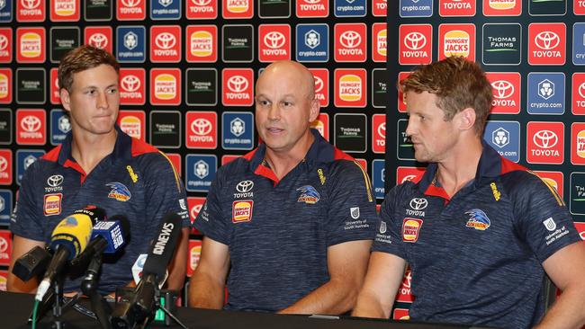 Jordan Dawson speaks to the media along with Senior Coach Matthew Nicks and out-going captain Rory Sloane after Dawson was named captain of the Adelaide Crows. Picture: Getty Images