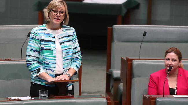 Zali Steggall delivering her maiden speech in the House of Representatives Chamber. Picture: Kym Smith.