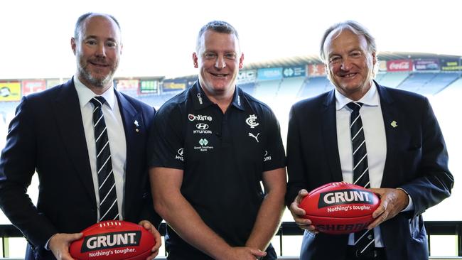 2022: Carlton president Luke Sayers (from left), coach Michael Voss and chief executive Brian Cook.