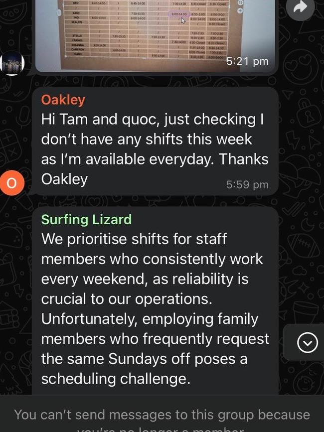 Oakley messaged to ask about shifts.