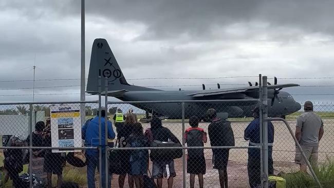 Flood-affected residents in Kalkarindji wait to board evacuation flights run by the ADF. Picture: Supplied