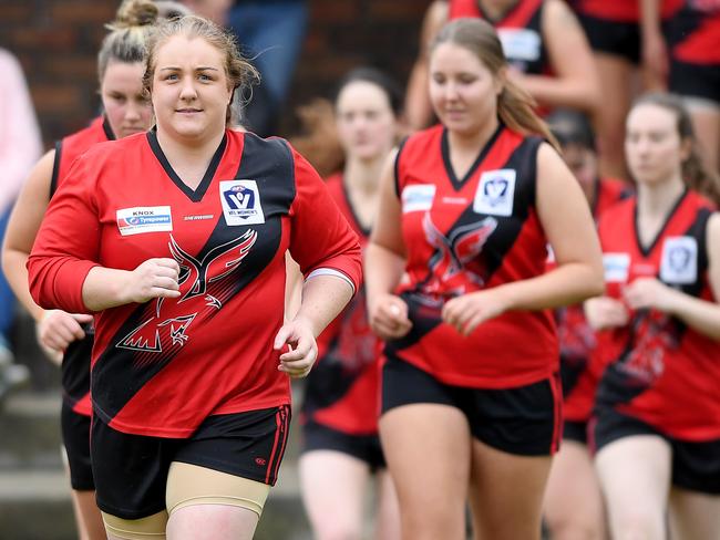 Knox's Lisa Walshe leads her team out while playing her 200th game during the Knox v Waverley Blues Women's football match in Wantirna, Saturday, June 23, 2018. Picture:Andy Brownbill