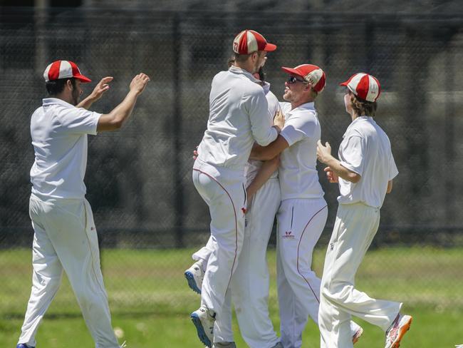 Mordialloc players celebrate a wicket against Dingley. Picture: Valeriu Campan