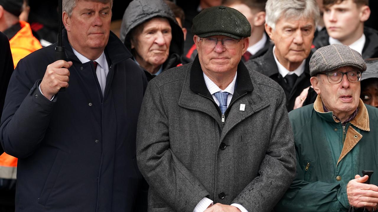 Former Manchester United manager Sir Alex Ferguson (centre) attends the memorial service for the victims of the 1958 Munich Air Disaster at Old Trafford, Manchester. Today is the 66th anniversary of the Munich Air Disaster, which claimed 23 lives, including eight players. (Photo by Martin Rickett/PA Images via Getty Images)