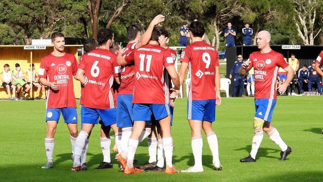 Albion Park White Eagles celebrating a goal against Coniston in 2023. Picture: Official Albion Park White Eagles Facebook