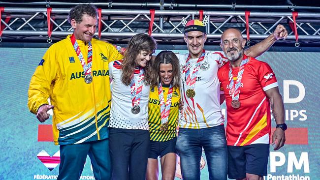 Lisa Parkes of Australia on the podium after winning the OCR World Championship in Costa Rica. Picture: Supplied
