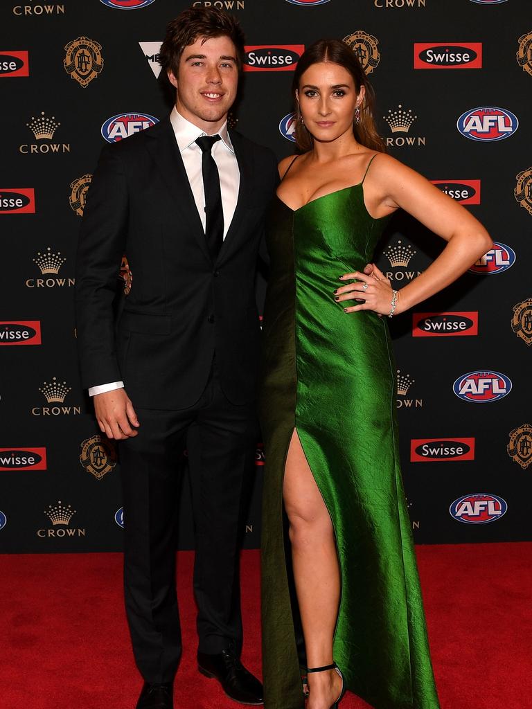 Essendon’s Zach Merrett and partner Alexandra Bourne. Picture: AAP