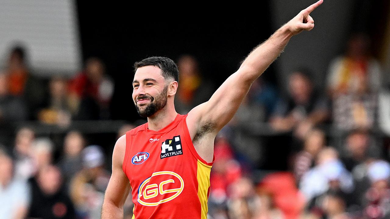 GOLD COAST, AUSTRALIA - JULY 15: Rory Atkins of the Suns celebrates after kicking a goal during the round 18 AFL match between Gold Coast Suns and St Kilda Saints at Heritage Bank Stadium, on July 15, 2023, in Gold Coast, Australia. (Photo by Bradley Kanaris/Getty Images)