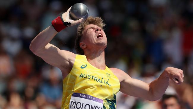 Ashl Moloney competes during the shot up leg of the men's decathlon. Picture: Getty Images