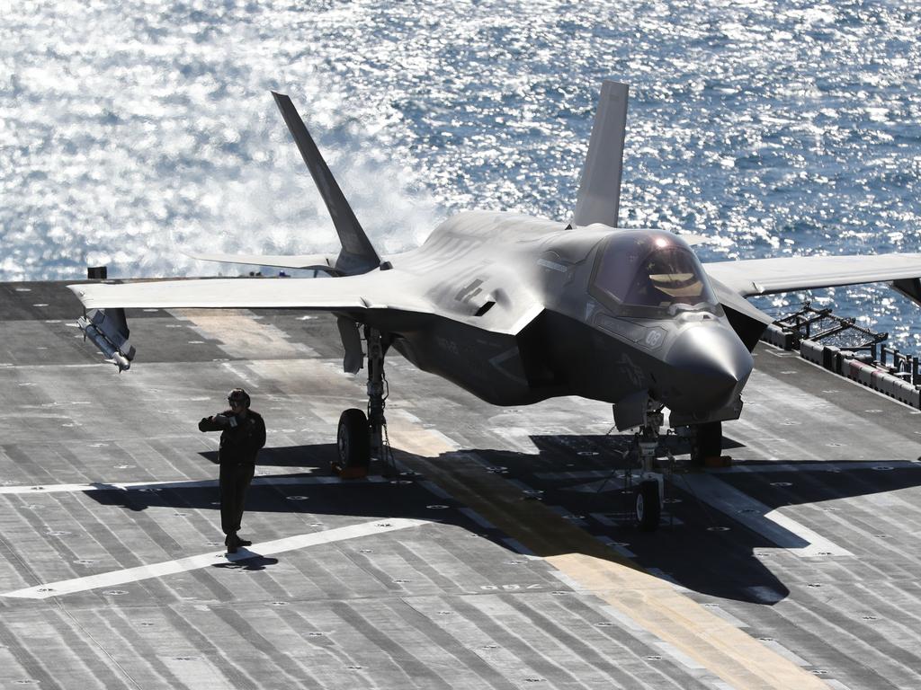 An F-35B landing on the Wasp. Photos on board the USS Wasp. Pic Peter Wallis