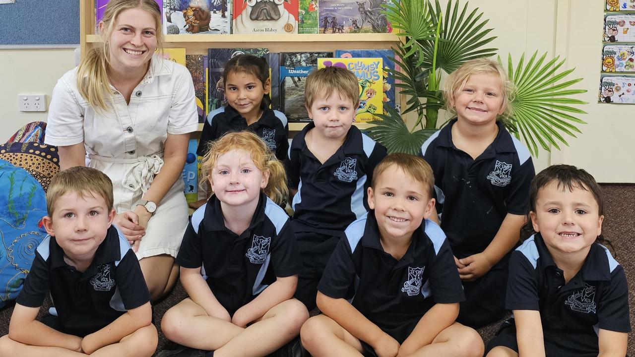 MY FIRST YEAR 2024: St Maria Goretti School Prep students (front, from left) Nate Hobbs, Gracie Berry, Heathe Draper-Garner, Huxley Amato, teacher Miss Madison Spencer and students (back, from left) Alyrah Brown, Carter Baty-Stone and Frankie Williams. Absent: Jonathan Walker.