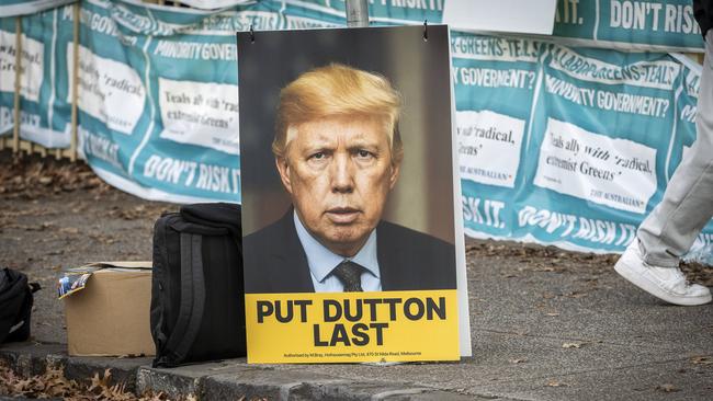 Peter Dutton transformed into Donald Trump in a sign at Balwyn North Primary. Picture: Jake Nowakowski
