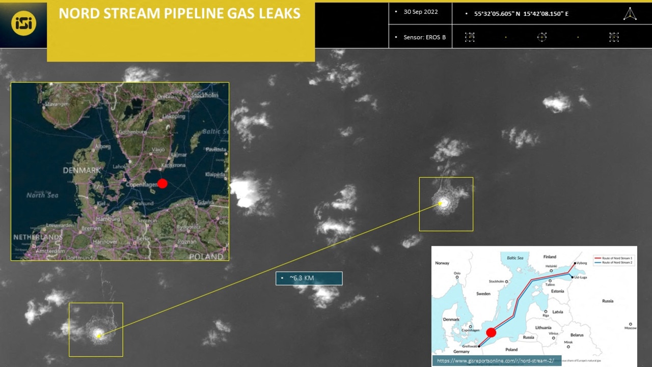 A handout picture released by ImageSat International (ISI) on September 30, 2022, shows an image from an intelligence report depicting the release of gas emanating from leaks on the Nord Stream 1 gas pipeline, in the Swedish economic zone in the Baltic Sea. (Photo by ImageSat International (ISI) / AFP)