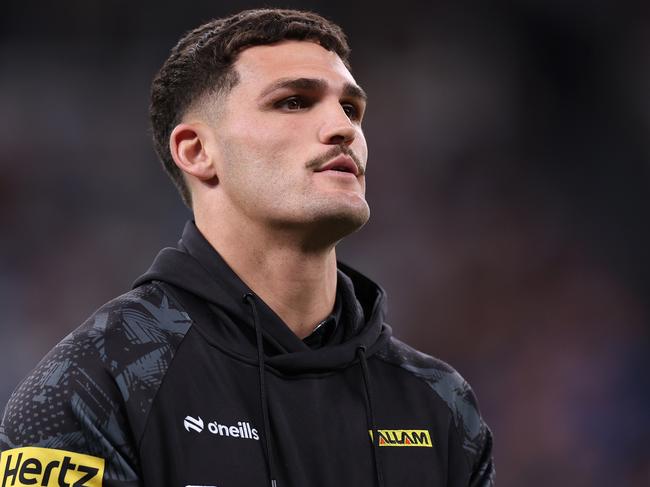 SYDNEY, AUSTRALIA - MARCH 28:  Injured Panthers player Nathan Cleary looks on before the round four NRL match between Sydney Roosters and Penrith Panthers at Allianz Stadium on March 28, 2024, in Sydney, Australia. (Photo by Cameron Spencer/Getty Images)