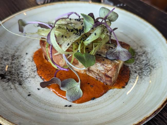 Crispy-skin Scottsdale pork belly at Launceston's Black Cow Bistro. Picture: Alex Treacy