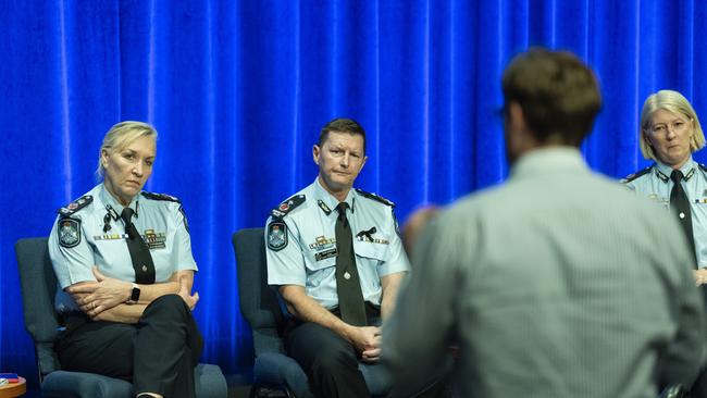 Police Commissioner Katarina Carroll, acting Deputy Commissioner Mark Wheeler and Assistant Commissioner Charysse Pond listen to Mr Geoff McDonald at the Toowoomba Community Safety Forum at Empire Theatres, Wednesday, February 15, 2023. Picture: Kevin Farmer